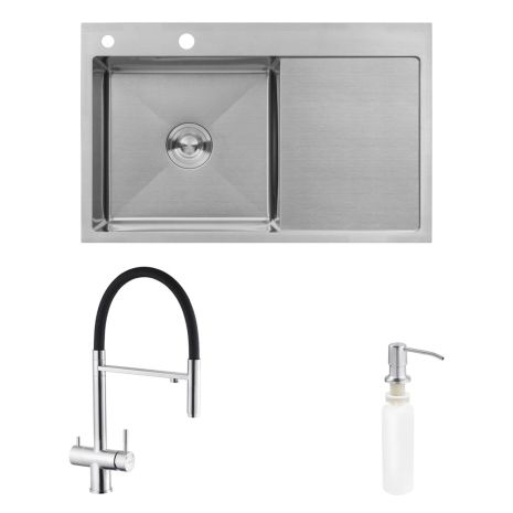 Комплект кухонный мойка Kroner Gebürstet-7849LHM + смеситель Edelstahl Klassisch-ESG03815BLK + дозатор Spender-016 Комплект кухонный мойка Kroner Gebürstet-7849LHM + смеситель Edelstahl Klassisch-ESG03815BLK + дозатор Spender-016