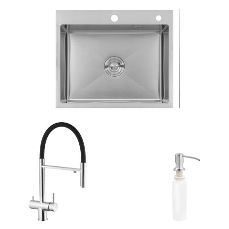 Комплект кухонна мийка Kroner Gebürstet-6050HM + змішувач Klassisch-ESG03815BLK + дозатор Spender-016 Комплект кухонна мийка Kroner Gebürstet-6050HM + змішувач Klassisch-ESG03815BLK + дозатор Spender-016